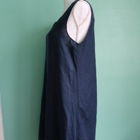 Flax Dark Blue V Neck Lightweight Linen Tank Dress with Pocket - Picture 3 of 14